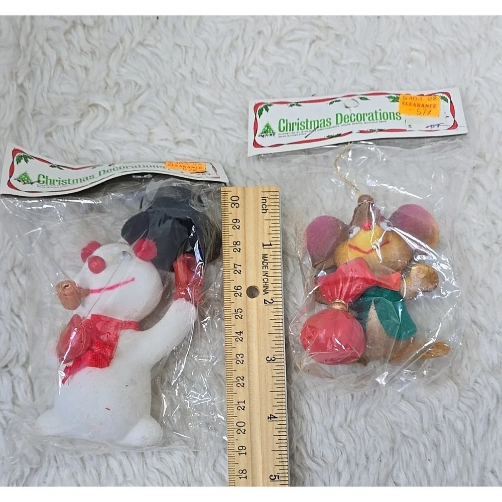 Vintage Flocked Snowman & Mouse Lot of 2 Frosty Googly Eyes Christmas‎ Ornament